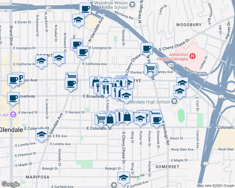 map of restaurants, bars, coffee shops, grocery stores, and more near in Glendale