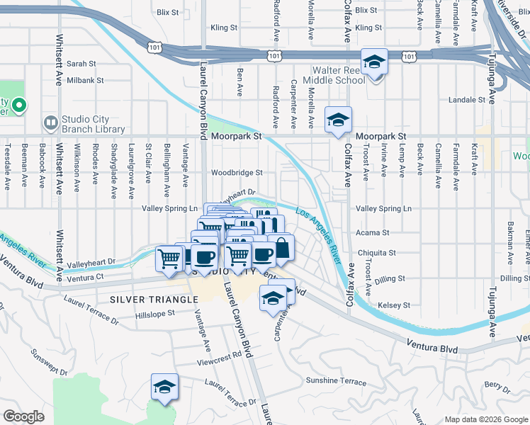 map of restaurants, bars, coffee shops, grocery stores, and more near 12012 Valleyheart Drive in Los Angeles