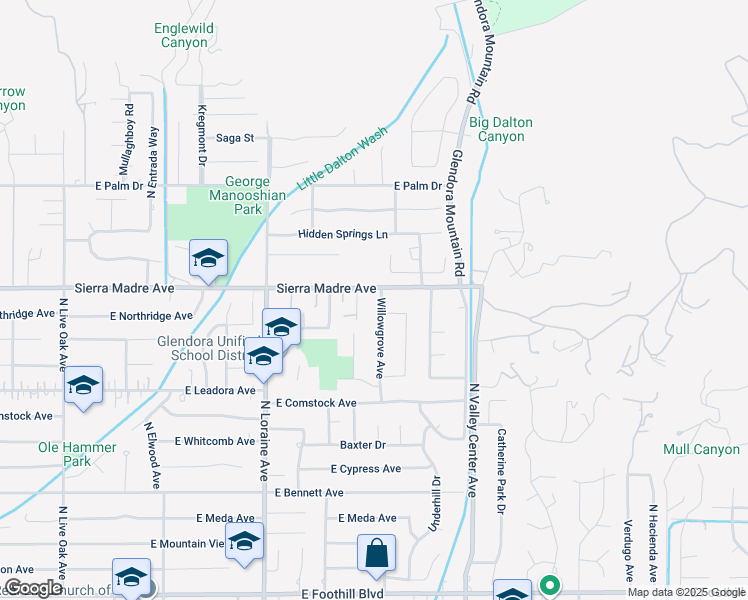 map of restaurants, bars, coffee shops, grocery stores, and more near 653 Willowgrove Avenue in Glendora