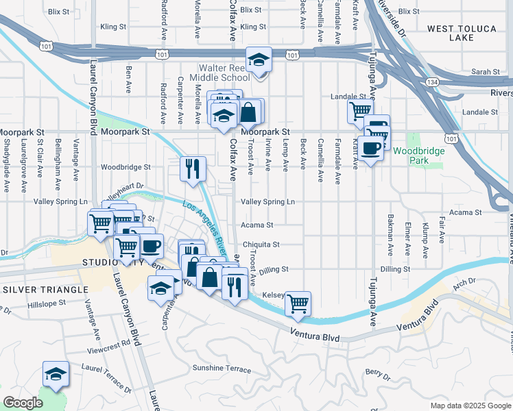 map of restaurants, bars, coffee shops, grocery stores, and more near 11622 Valley Spring Lane in Los Angeles