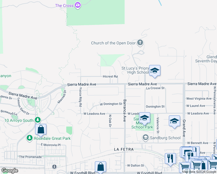 map of restaurants, bars, coffee shops, grocery stores, and more near 1022 Empress Drive in Glendora