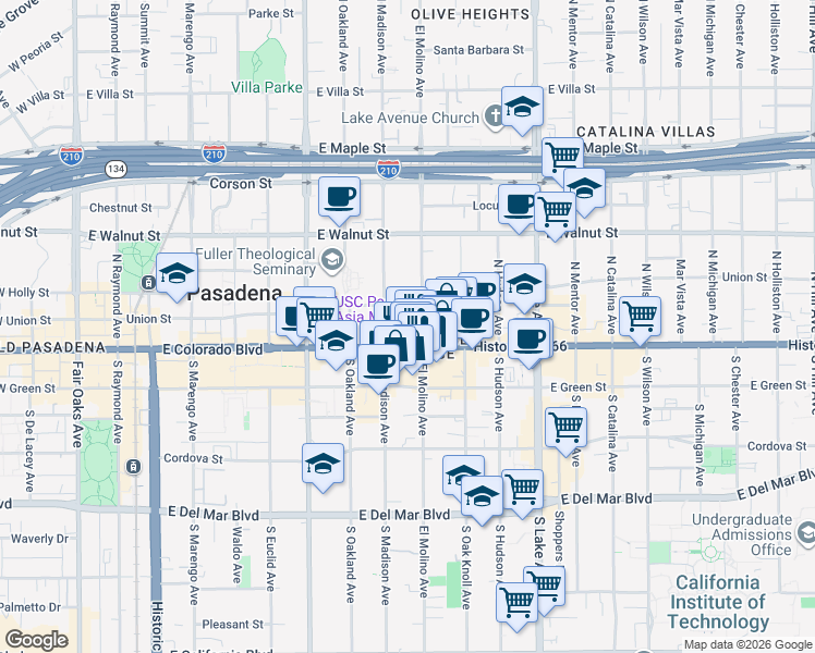 map of restaurants, bars, coffee shops, grocery stores, and more near 44 North Madison Avenue in Pasadena