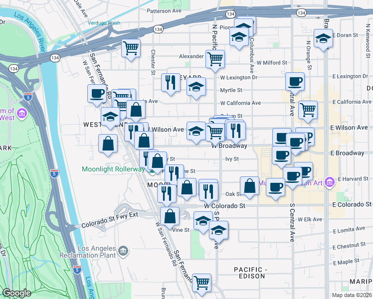 map of restaurants, bars, coffee shops, grocery stores, and more near 1/2 Glendale Boulevard in Los Angeles