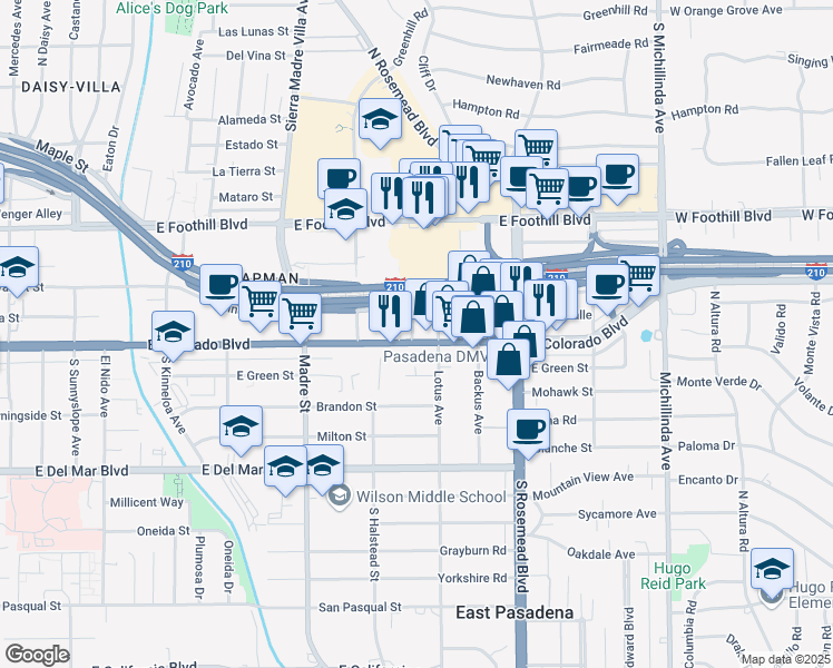 map of restaurants, bars, coffee shops, grocery stores, and more near 3549 East Colorado Boulevard in Pasadena