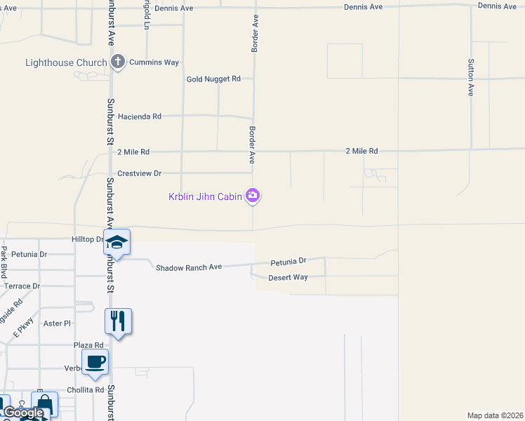 map of restaurants, bars, coffee shops, grocery stores, and more near 5880 Border Avenue in Joshua Tree