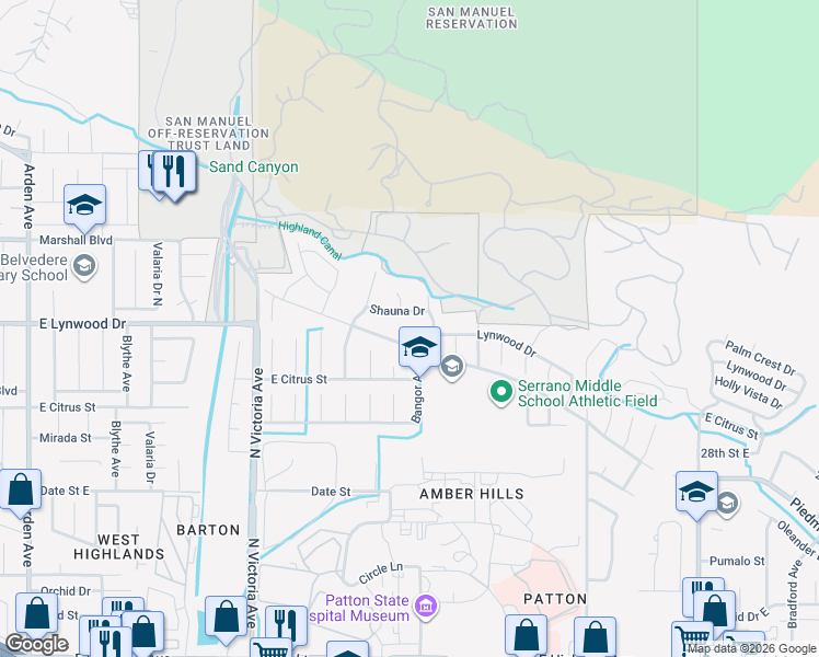 map of restaurants, bars, coffee shops, grocery stores, and more near 3082 Lynwood Drive in Highland