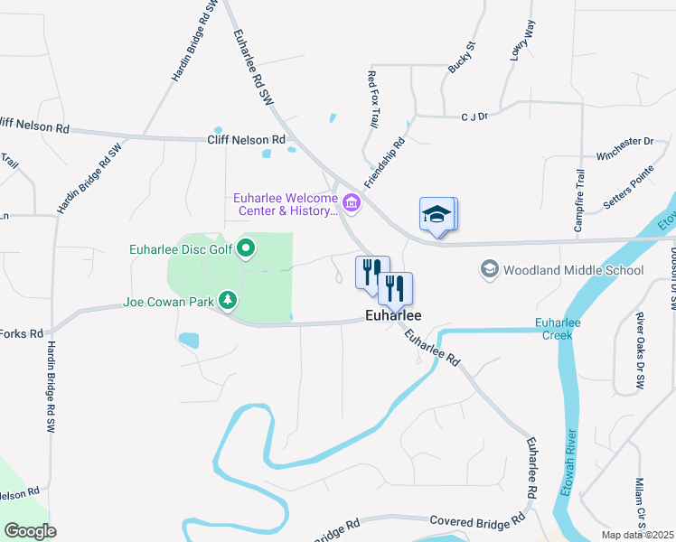 map of restaurants, bars, coffee shops, grocery stores, and more near 0 Covered Bridge Road in Euharlee