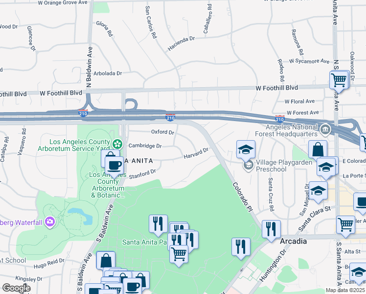 map of restaurants, bars, coffee shops, grocery stores, and more near 310 Cambridge Drive in Arcadia