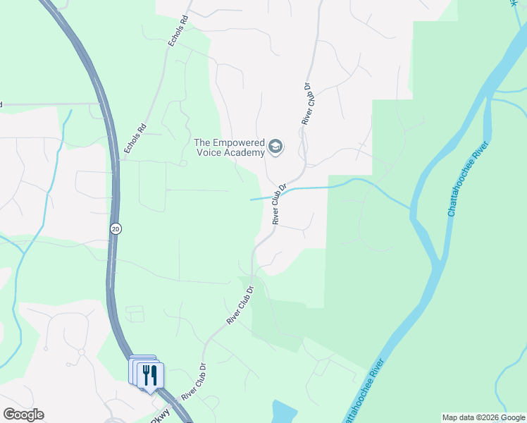 map of restaurants, bars, coffee shops, grocery stores, and more near 3705 River Club Drive in Cumming