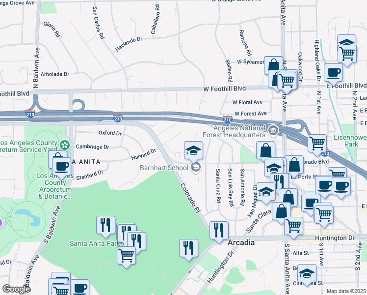 map of restaurants, bars, coffee shops, grocery stores, and more near 245 Colorado Boulevard in Arcadia