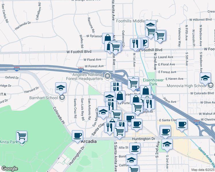 map of restaurants, bars, coffee shops, grocery stores, and more near 21 West Newman Avenue in Arcadia