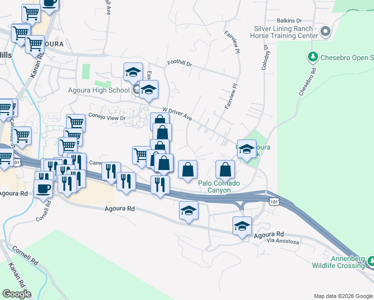 map of restaurants, bars, coffee shops, grocery stores, and more near 5365 Lewis Road in Agoura Hills
