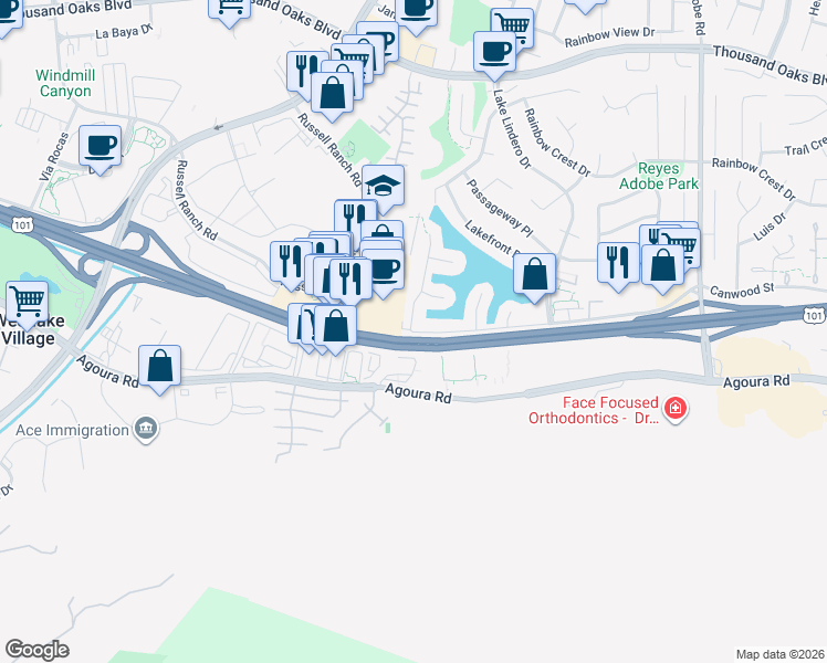 map of restaurants, bars, coffee shops, grocery stores, and more near Ventura Freeway in Agoura Hills