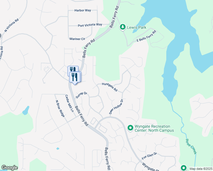 map of restaurants, bars, coffee shops, grocery stores, and more near 520 Huntgate Road in Woodstock