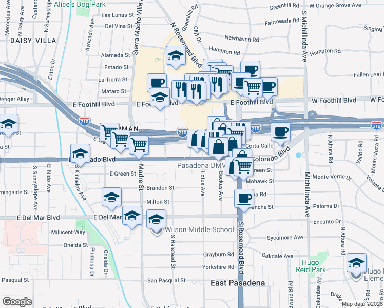 map of restaurants, bars, coffee shops, grocery stores, and more near 3549 East Colorado Boulevard in Pasadena