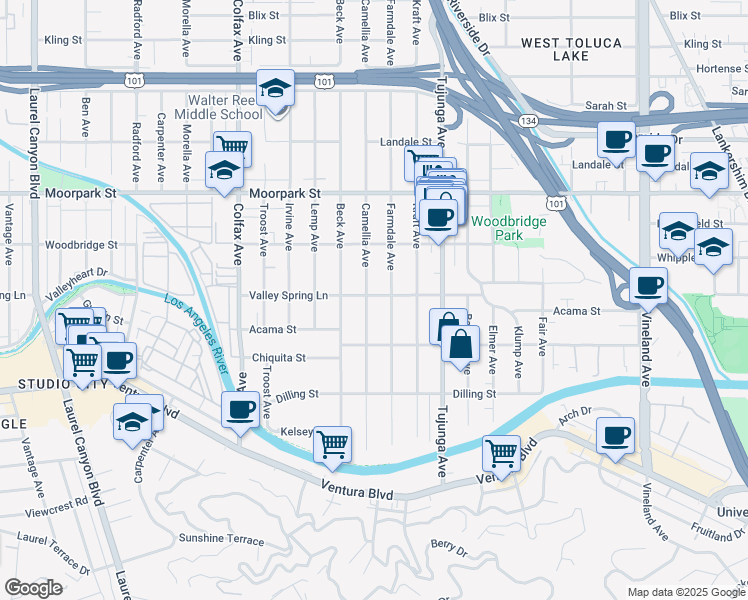 map of restaurants, bars, coffee shops, grocery stores, and more near 4256 Camellia Avenue in Los Angeles
