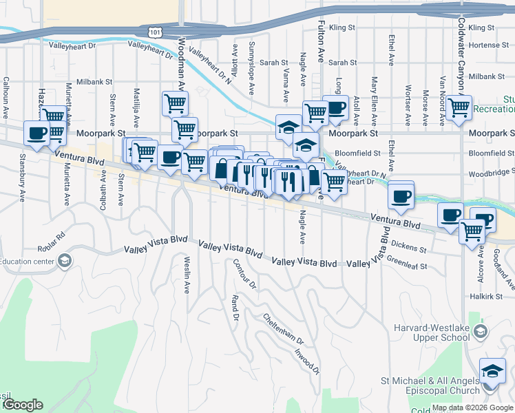 map of restaurants, bars, coffee shops, grocery stores, and more near 4169 Greenbush Avenue in Los Angeles