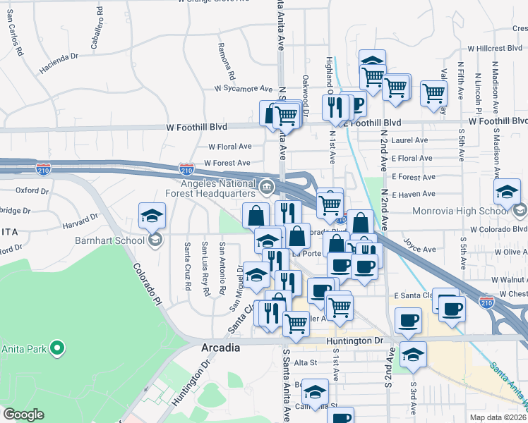 map of restaurants, bars, coffee shops, grocery stores, and more near 21 West Newman Avenue in Arcadia