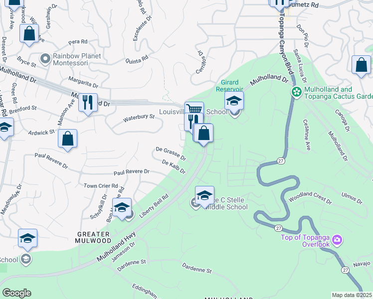 map of restaurants, bars, coffee shops, grocery stores, and more near 4227 Freedom Drive in Calabasas