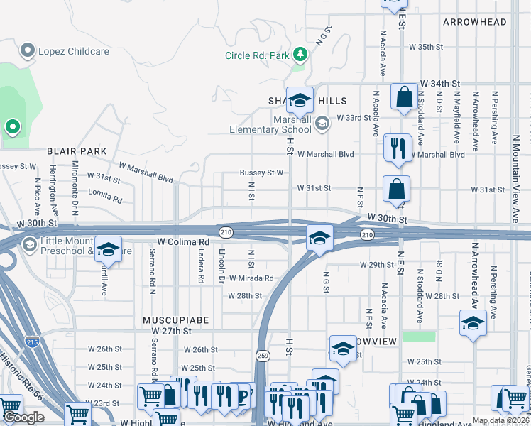 map of restaurants, bars, coffee shops, grocery stores, and more near 863 West 30th Street in San Bernardino