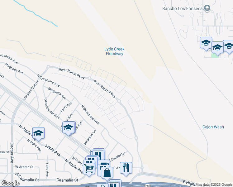 map of restaurants, bars, coffee shops, grocery stores, and more near Yellowstone Way in Rialto