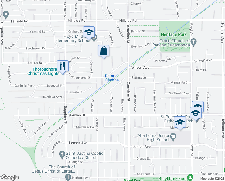 map of restaurants, bars, coffee shops, grocery stores, and more near 5949 Trotters Lane in Rancho Cucamonga