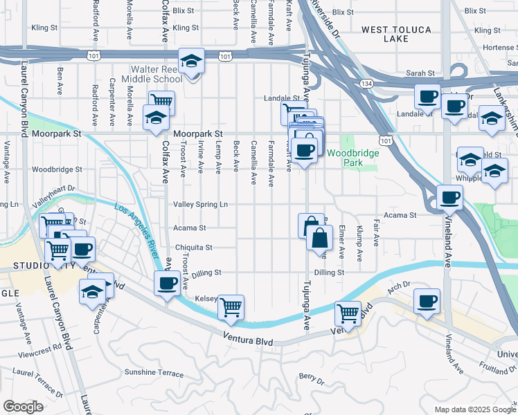 map of restaurants, bars, coffee shops, grocery stores, and more near 4256 Camellia Avenue in Los Angeles