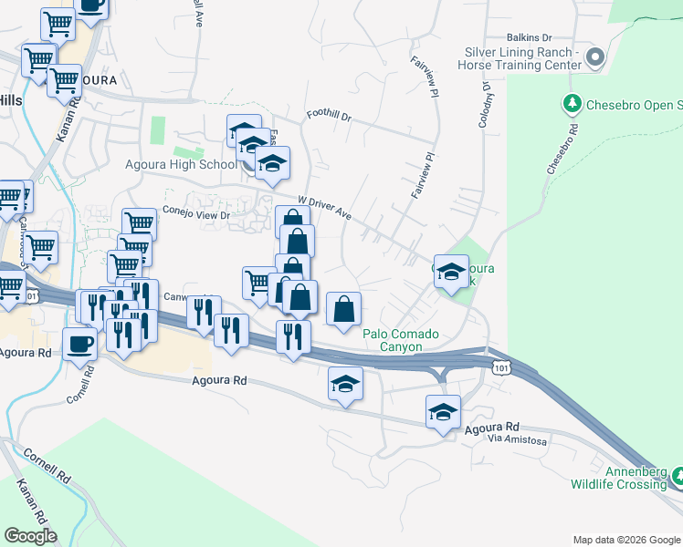 map of restaurants, bars, coffee shops, grocery stores, and more near 5349 Lewis Road in Agoura Hills