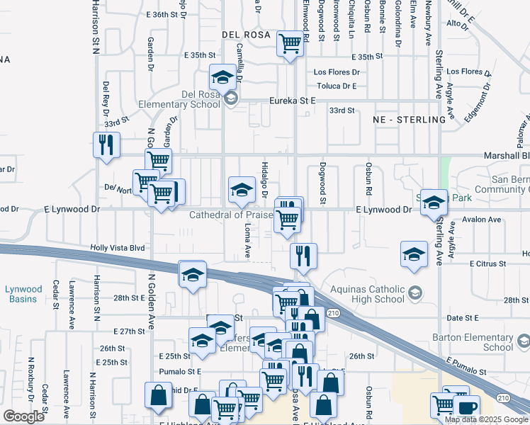 map of restaurants, bars, coffee shops, grocery stores, and more near 3005 Loma Avenue in San Bernardino