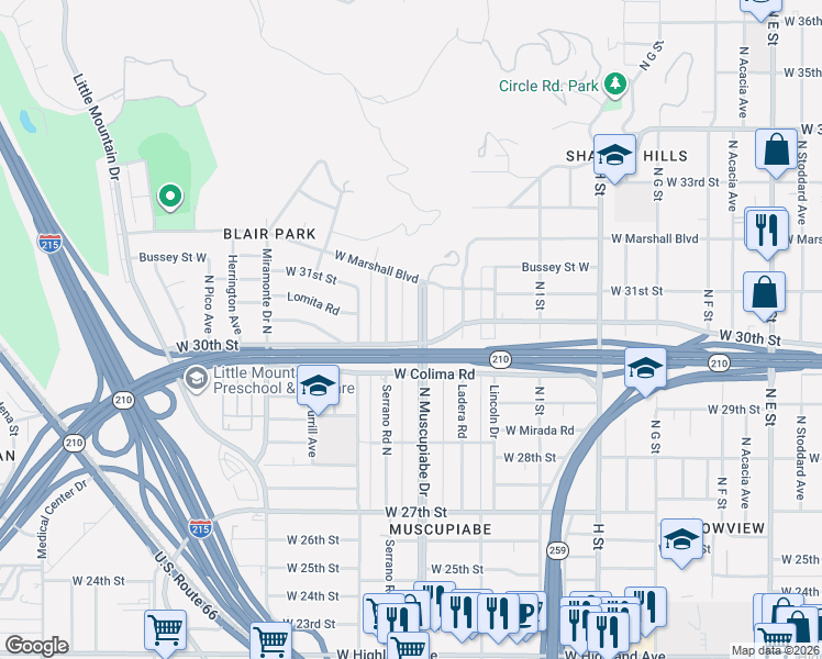 map of restaurants, bars, coffee shops, grocery stores, and more near 3001 Muscupiabe Drive in San Bernardino