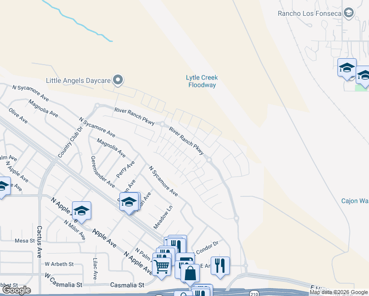 map of restaurants, bars, coffee shops, grocery stores, and more near 355 East Country Club Drive in Rialto