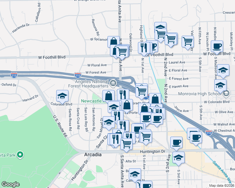 map of restaurants, bars, coffee shops, grocery stores, and more near 513 North Santa Anita Avenue in Arcadia