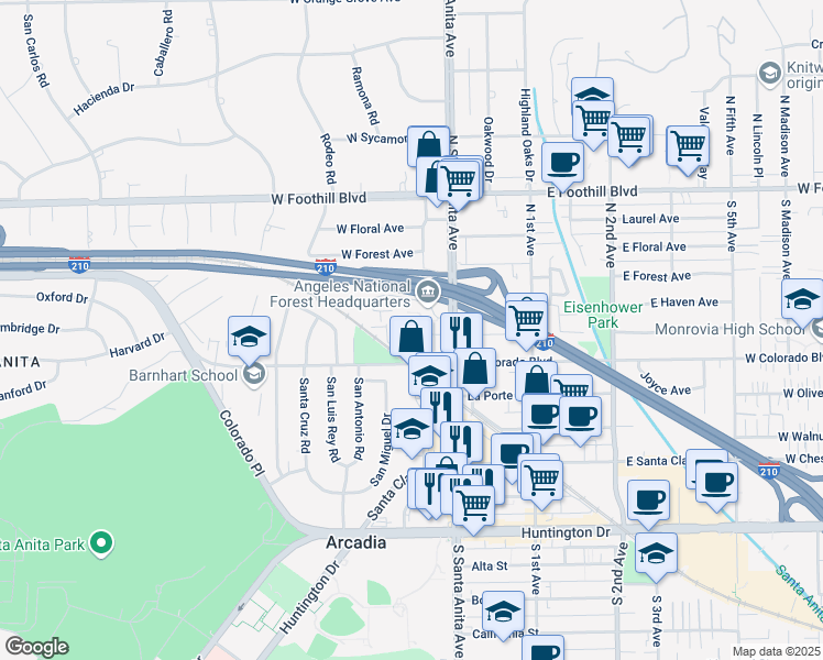 map of restaurants, bars, coffee shops, grocery stores, and more near 515 Windsor Road in Arcadia