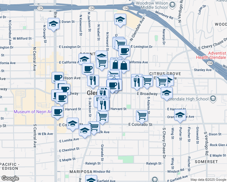 map of restaurants, bars, coffee shops, grocery stores, and more near 100 Franklin Court in Glendale
