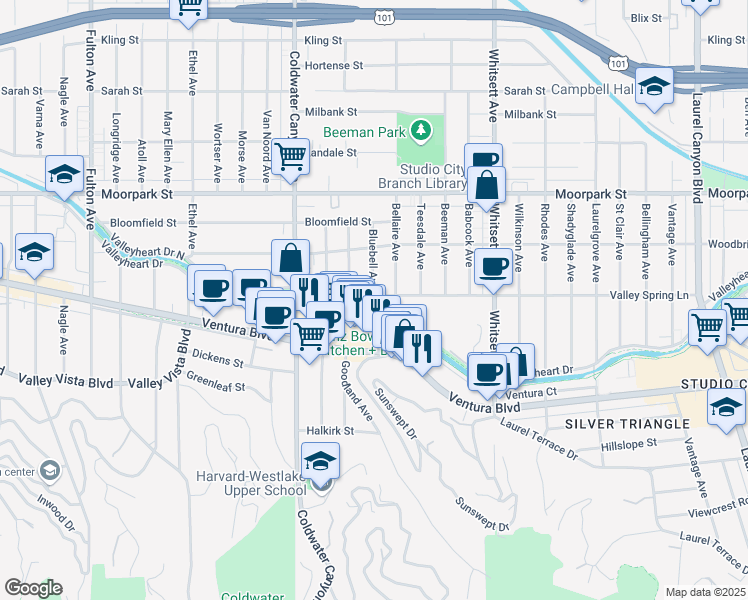 map of restaurants, bars, coffee shops, grocery stores, and more near 4155 Bellaire Avenue in Los Angeles