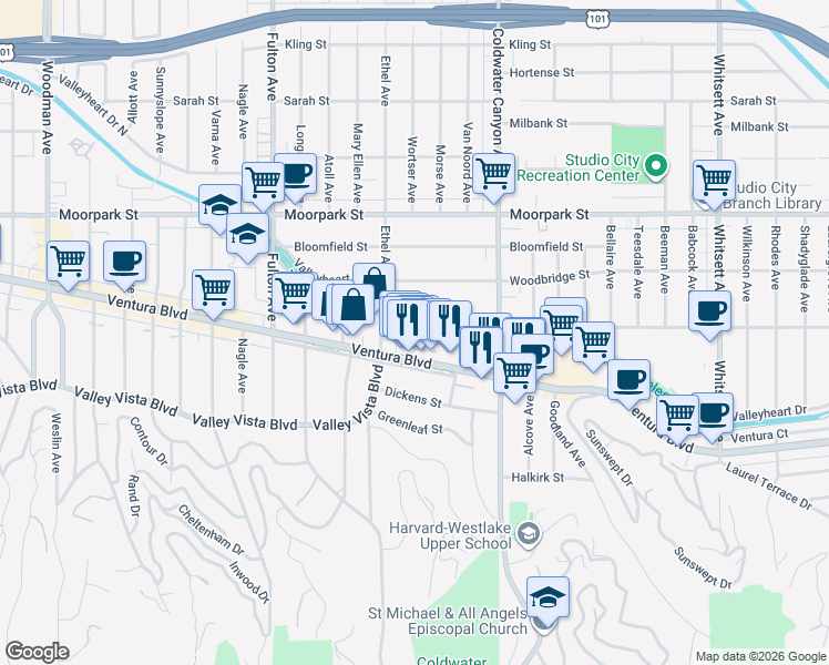 map of restaurants, bars, coffee shops, grocery stores, and more near 13043 Ventura Boulevard in Los Angeles