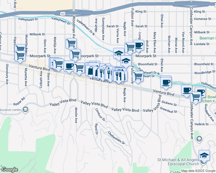 map of restaurants, bars, coffee shops, grocery stores, and more near 4169 Greenbush Avenue in Los Angeles