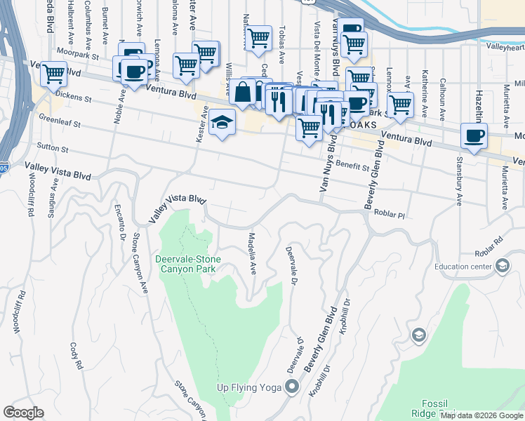 map of restaurants, bars, coffee shops, grocery stores, and more near 14632 Valley Vista Boulevard in Los Angeles
