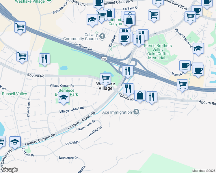map of restaurants, bars, coffee shops, grocery stores, and more near in Westlake Village