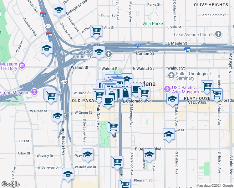 map of restaurants, bars, coffee shops, grocery stores, and more near in Pasadena