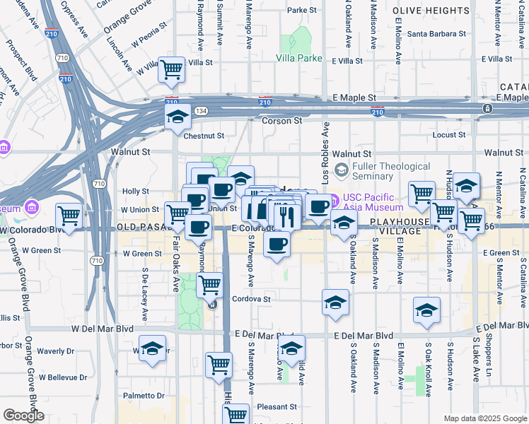 map of restaurants, bars, coffee shops, grocery stores, and more near 281 East Colorado Boulevard in Pasadena