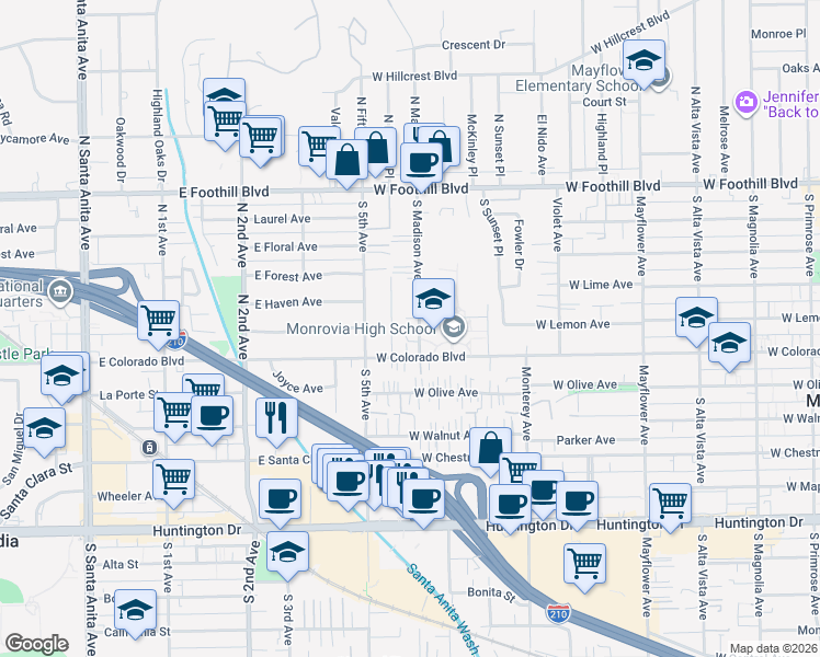 map of restaurants, bars, coffee shops, grocery stores, and more near 503 South Madison Avenue in Monrovia