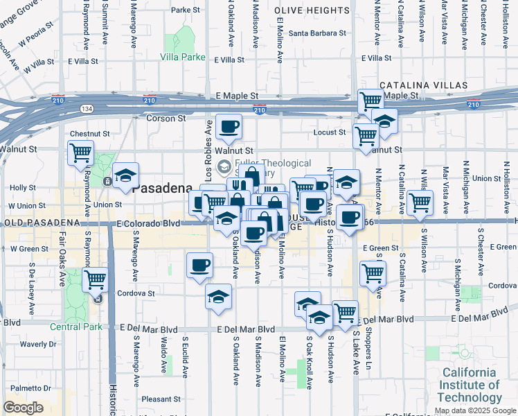 map of restaurants, bars, coffee shops, grocery stores, and more near 44 North Madison Avenue in Pasadena