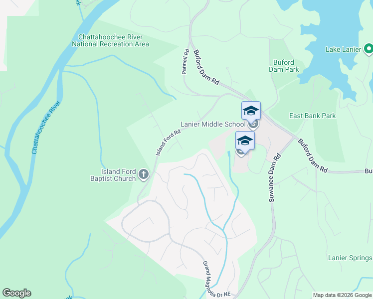 map of restaurants, bars, coffee shops, grocery stores, and more near 6940 River Island Circle in Buford