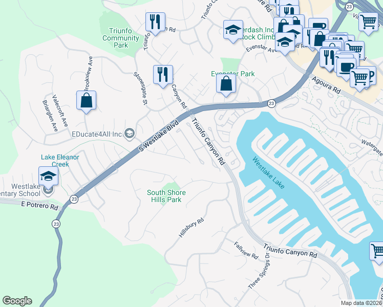 map of restaurants, bars, coffee shops, grocery stores, and more near 2200 Crespi Lane in Westlake Village