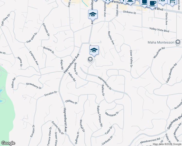 map of restaurants, bars, coffee shops, grocery stores, and more near 4186 Hayvenhurst Drive in Los Angeles