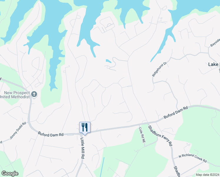 map of restaurants, bars, coffee shops, grocery stores, and more near 5970 Lake Windsor Parkway in Buford