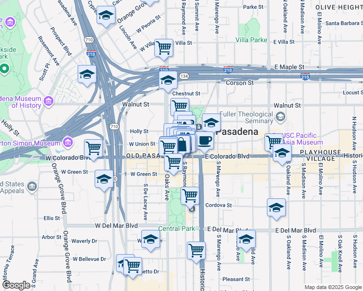 map of restaurants, bars, coffee shops, grocery stores, and more near 65 East Colorado Boulevard in Pasadena
