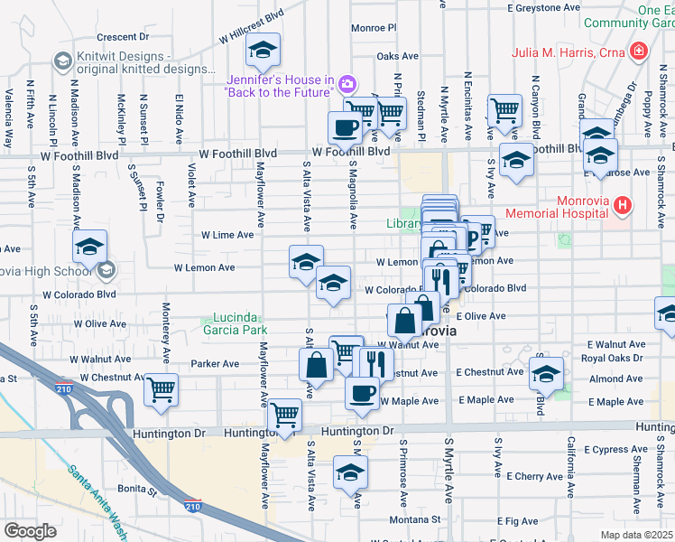 map of restaurants, bars, coffee shops, grocery stores, and more near 320 West Lemon Avenue in Monrovia