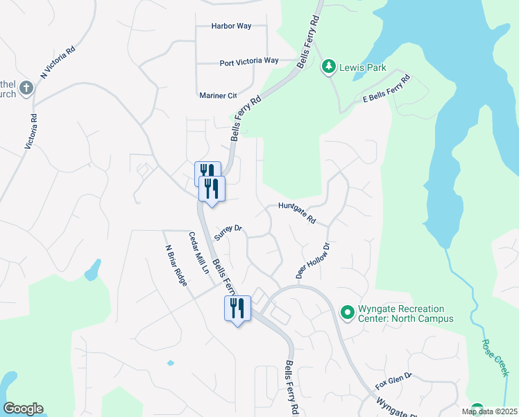 map of restaurants, bars, coffee shops, grocery stores, and more near 507 Huntgate Road in Woodstock